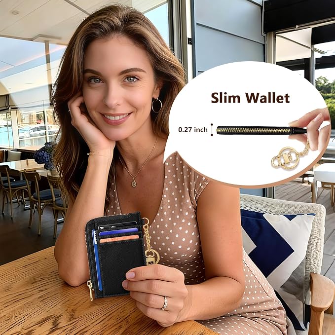 GIANCOMICS Slim Wallet Credit Card Holder Women, Rfid Blocking Black Small Card Case, Keychain Thin Pocket Curved Zipper Wallet, Travel Card Holder PU Leather ID Window, Ladies Female Gifts