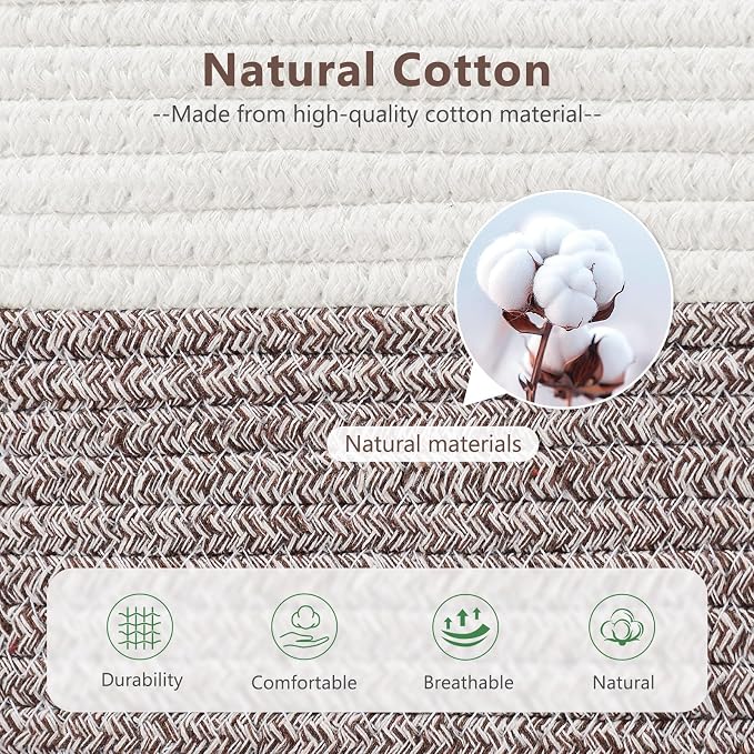 ECDYQXVU 15x10x9 Woven Cotton Rope Storage Basket, Leather Handles 3 Pack | Foldable Design, Sturdy PU Handles, Easy to Clean Organizer for Living Room, Closet, Shelves, Bedroom, Laundry, Clothes