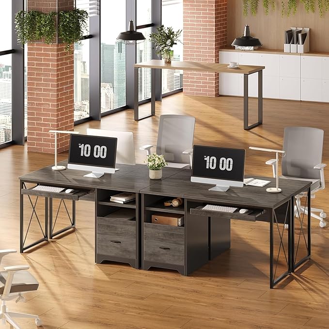 Bestier 47" Office Desk with Drawers, Industrial Computer Desk with Drawer, Reversible Teacher Desk with Storage & Keyboard Tray for Small Space Home Office & Studio, Gray Wash | 47 Inch Desktop With File Drawer, Open Storage, Keyboard Tray And Reversi...