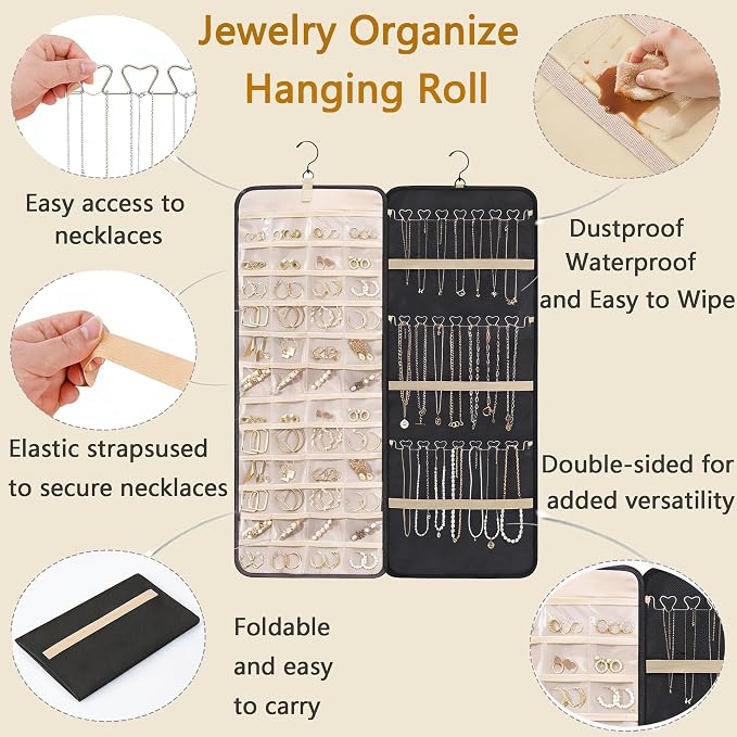 Hanging Jewelry Organizer, 1Pcs Large Double-Sided Jewelry Storage Roll with 48 Pockets and 21 Hooks for Necklaces Earrings Rings, Over the Door Jewelry Organizer with Hanger for Closet Wall