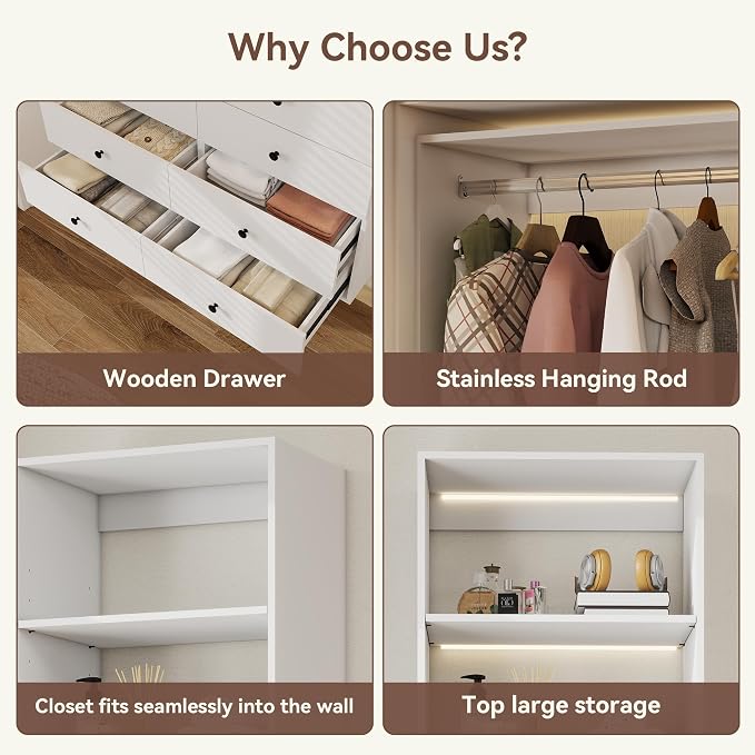GraceGrove 71" High Modular Wooden Closet Organizer System with 3 Shelves &2 Drawers, Wall Mount Shelving with Storages, Walk in Closet Bedroom Organization,Closet Organizers and Storage, White
