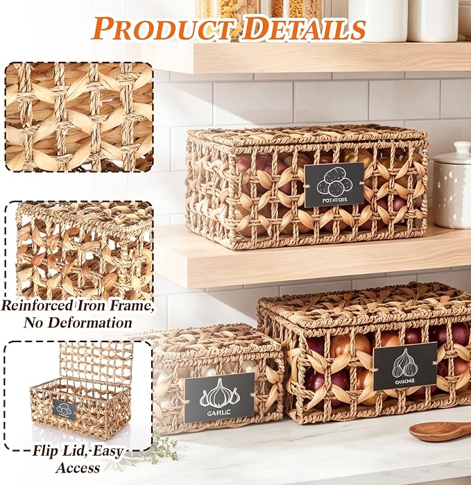 Blushtier Set of 3 Kitchen Vegetable Storage Potato Onion Garlic Storage Bins with Lid and Label, Handwoven Wicker Pantry Organizer Keeper Containers Baskets for Countertop Cabinet Farmhouse Decor