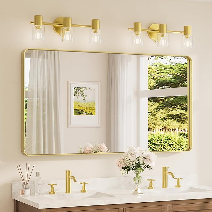 TETOTE 55 x 30 Inch Bathroom Mirror, Brushed Gold Metal Framed Wall Mounted Mirrors, Brushed Brass Rectangle Modern Decorative Vanity Mirror (Horizontal/Vertical)