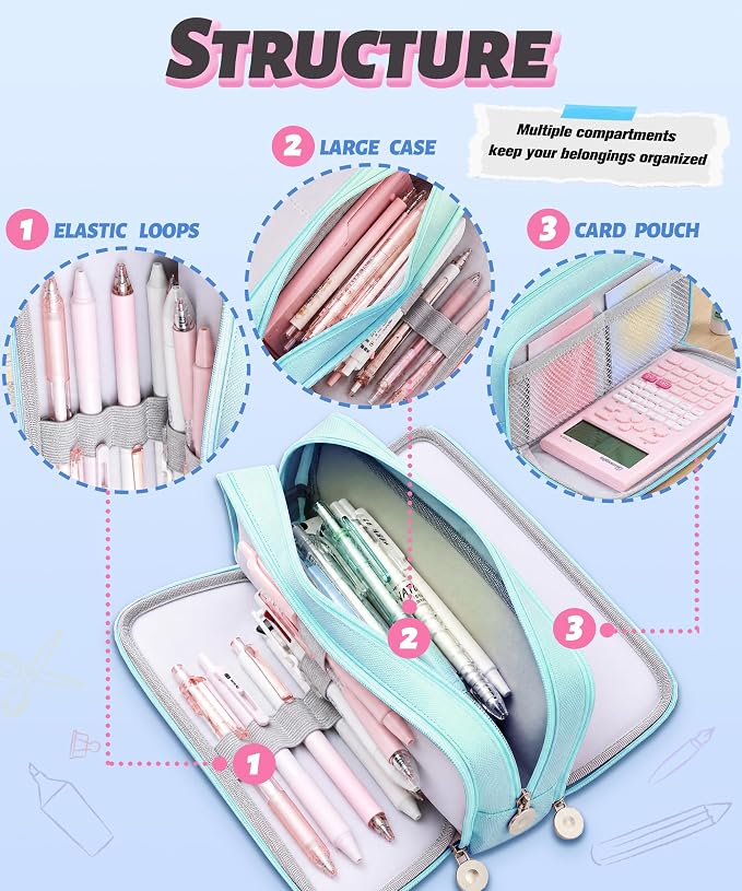 FAHZON Cute Pencil Case, 3 Large Compartments Pencil Pouch, Elastic Pen Slots&Mesh Pockets for Stationery, Pencil Bag for School Supplies with Zipper for Girls Boy Women Teens Adults-Blue