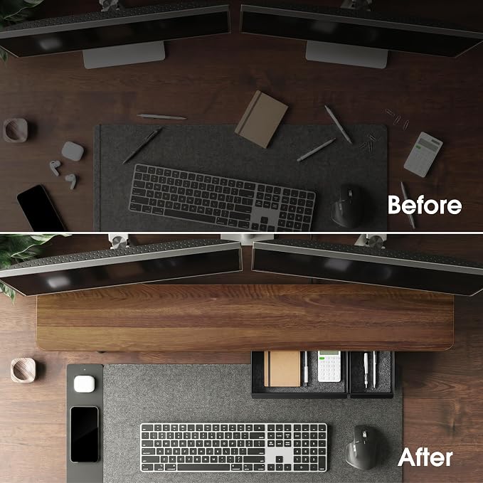 Fenge 42.5" Monitor Stand with Storage Drawers, Minimalist Monitor Riser with Solid Ash Legs and Cable Management, Wooden Desk Shelf for Home Office Workspaces, Brown
