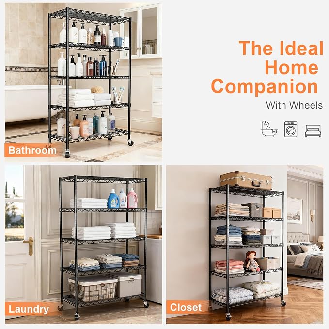 5-Tier Heavy Duty Shelving Unit,30" Wx14 Dx62 H,Metal Shelving with Lockable Wheels,Wire Shelf Rack,Height Adjustable Metal Storage Shelves Organizer for Kitchen,Garage,Office,Laundry,Pantry