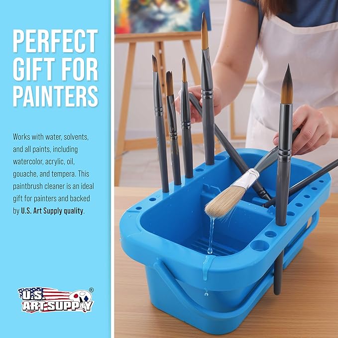 U.S. Art Supply 16-Hole Plastic Paint Brush Cleaner Washer & Paint Brush Holder with Palette Lid for Acrylic, Watercolor & Oil Paints