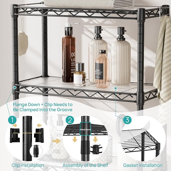 Over The Toilet Storage Shelf 3-Tier Bathroom Organizer and Storage Shelf | with Adjustable Shelf and Basket Freestanding Space Saver Above Toilet for Room Black