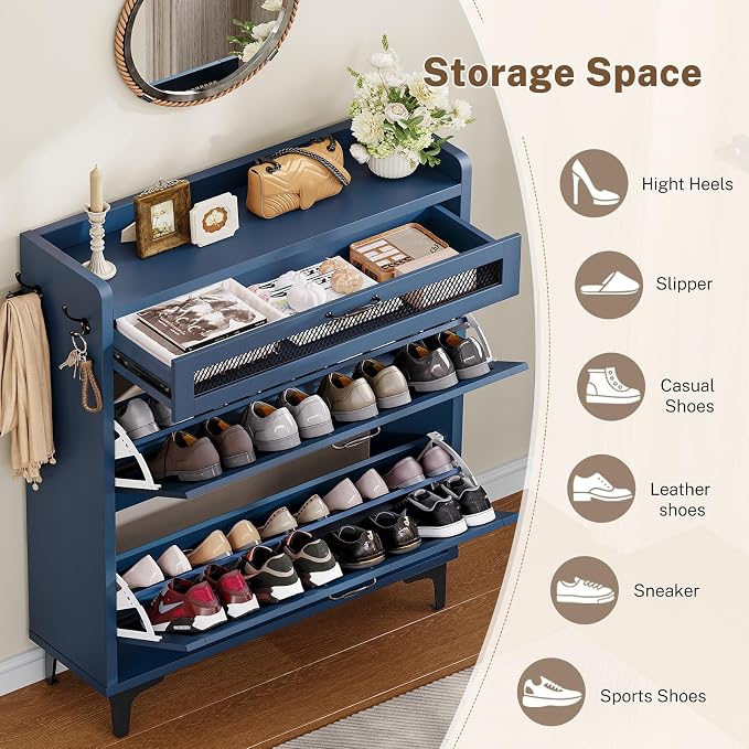 TEENFON Shoe Cabinet with 2 Flip Drawers & Top Drawer, Farmhouse Narrow Shoe Storage Cabinet with Adjustable Shelves & Hooks, Freestanding Hidden Slim Shoe Rack Cabinet for Entryway, Hallway, Blue