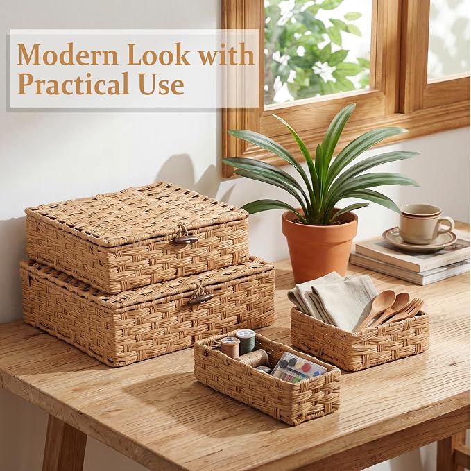 Newtay Set of 4 Woven Wicker Storage Baskets with Lids, Decorative Storage Boxes Lidded Rattan Organizer Bin Home Decor for Shelf, Coffee Table, Closet, Bathroom, Living Room(Plastic,Natural Color)