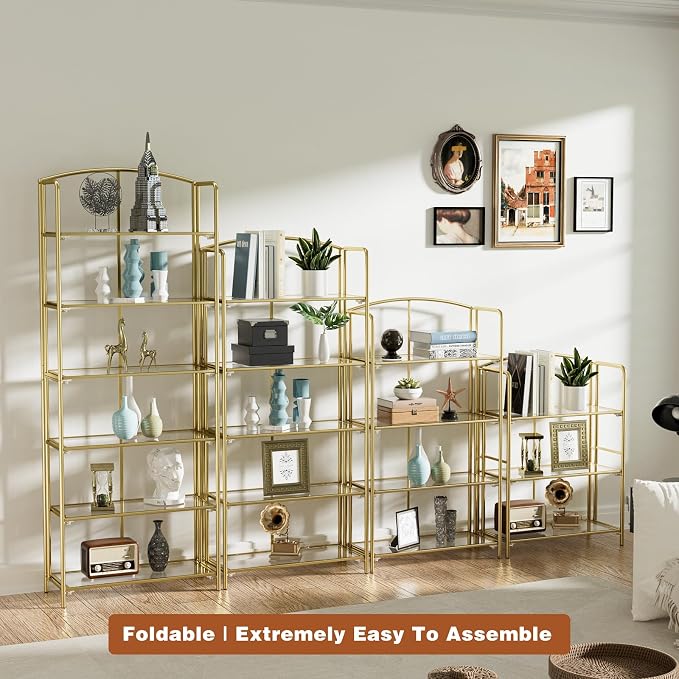 Crofy 3-Tier Wider Foldable Bookshelf, Gold Frame & Transparent Shelves | No-Assembly Collapsible Portable Storage Organizer; Sturdy Transparent Shelves; Ideal for Living Room & Home Office