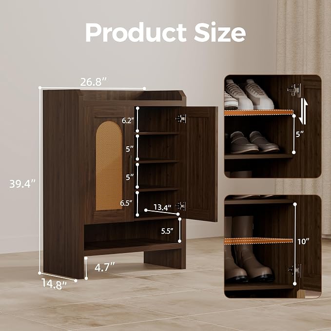 Mericonia 6-Tier Shoe Cabinet Storage for Entryway, Rattan Shoes Organizer Cabinets with Doors, Wooden Shoe Rack, Farmhouse Boho Wood Storage Cabinet (Walnut, 6-Tier)
