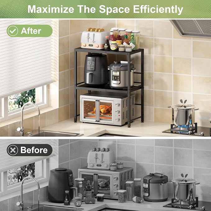 Expandable-Metal-Storage-Shelves-Organizer For Pantry Kitchen Garage, 2-Tier Heavy Duty Shelving Units and Storage For Small Appliance, Adjustable Standing Shelf Riser Rack For Closet Warehouse