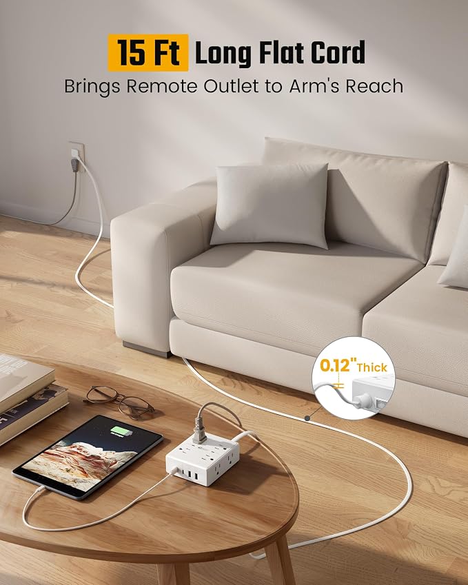 SUPERDANNY Extension Cord,Flat Plug Surge Protector Power Strip,15Ft | 8 AC & 4 USB Ports (2 USB C),Surge Protector with 1050J,Desk Charging Station for Home Office,College Dorm Room Essentials
