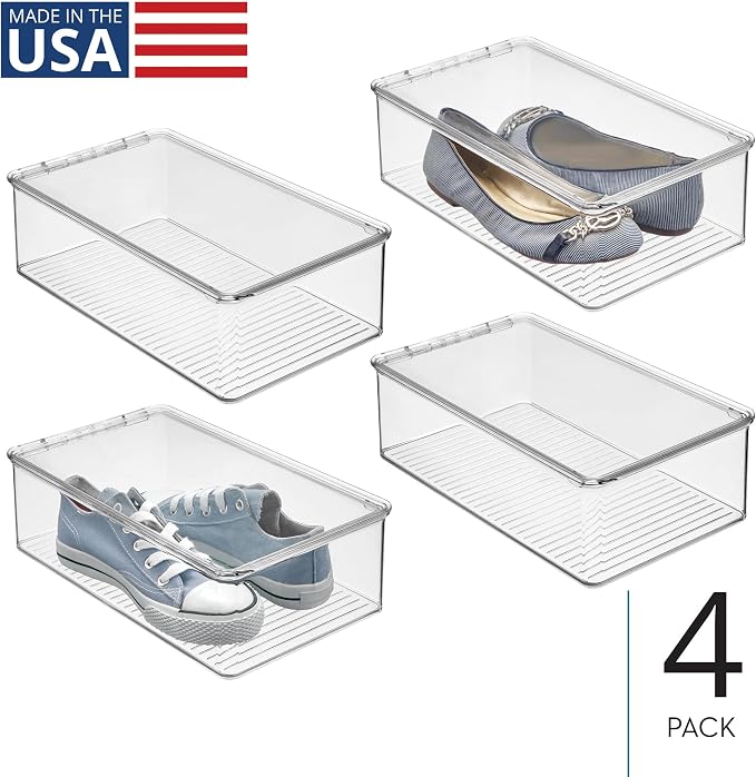 iDesign Stackable Plastic Shoe Box with Hinged-Lid, Set of 4, Clear | For Sneakers, For Sandals, For Flats