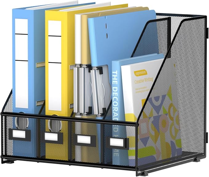 4 Vertical Compartments Magazine File Holder, Metal Binder Organizer, Black | Space-Saving Desktop Storage, Built-In Label Holders, Anti-Slip Feet, Sized for Binders, Folders, Magazines and Files