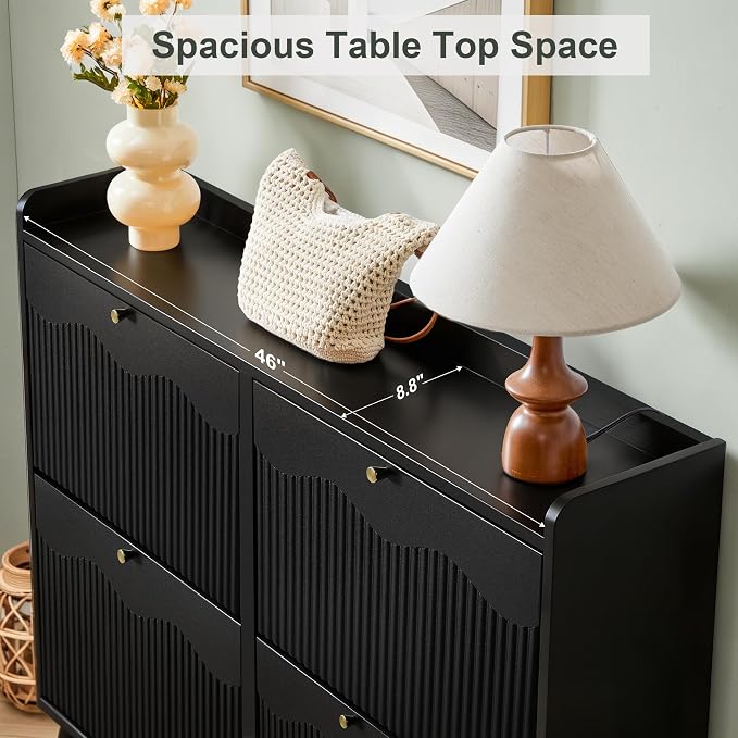 BERRYMERRY 47.2” Shoe Storage Cabinet for Entryway with 4 Flip Drawers, Narrow Shoe Organizer with Wave&Fluted Panel, Freestanding Wood Hidden Shoe Cabinet for Hallway