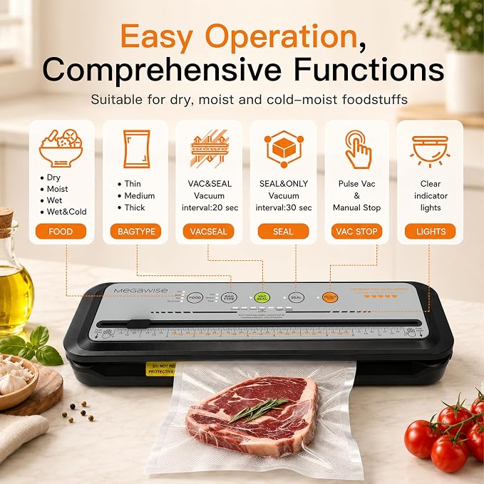 MEGAWISE 2025 Powerful Vacuum Sealer Machine | Compact Design | One-Touch Automatic | Seal in 10-20 Seconds | Dry, Moist, Wet, and Cold Modes | With 10 Vacuum Bags & Built-in Cutter
