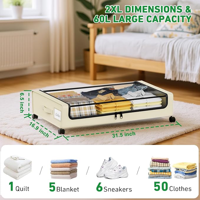 Beborxue Under Bed Storage with Wheels, 4-Pack Under Bed Storage Containers with Clear Lids, XXL 60L Under Bed Shoe Storage Organizer, Rolling Underbed Storage for Clothes, Shoes, Blankets (Beige)