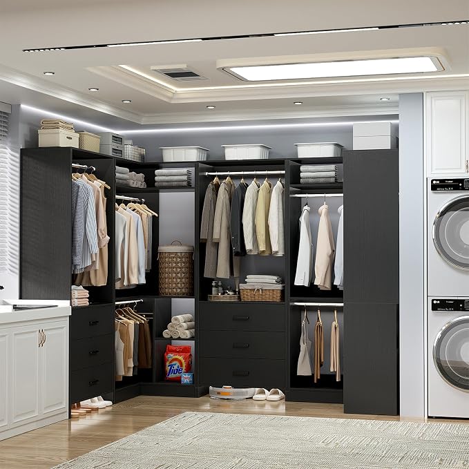 Aheaplus Closet System with 6 Drawers, 6 Hanging Rods & Corner Tower, Corner Closet System with Hanging, 112.5" U-Shaped Walk-In Wardrobe Organizer, 2000+ lbs Capacity, Set of 4, Black