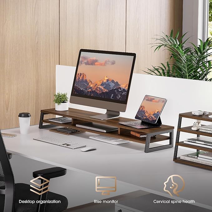 Fenge Dual Monitor Riser for Desk, Open Shelf with 3 Storage Compartments | 42.5in Computer Monitor Stand, 2-Tier Desk Shelf for Top of Desk,One-Piece Panel, fit Ultrawide Monitor, PC, Laptop, Brown