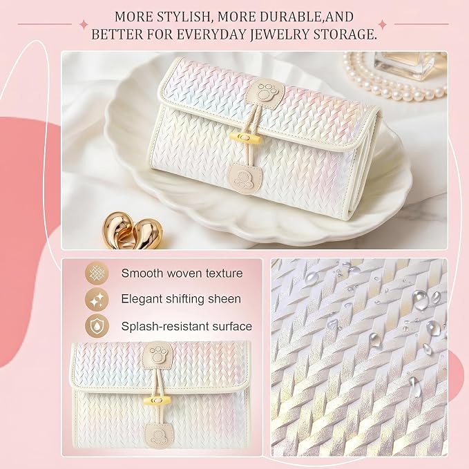32-Pocket Hanging Jewelry Organizer and Foldable Travel Roll | Clear Zippered Pockets, Necklace Clasps, Swivel Hook and Carry Buckle Keep Pieces Visible and Tangle-Free, White