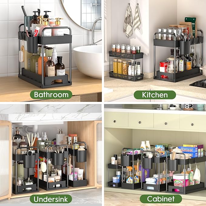 ZIZOTI 4 Pack Under Sink Organizer and Storage - Stackable 3 Size 2 Tier Bathroom Under the Sink Organizers Multi-Usage Kitchen Cabinet Organizers and Storage Sink Bath Shelf Baskets