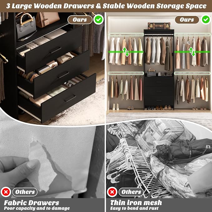 Aheaplus Closet System With 3 Wooden Drawers, Walk-in Wardrobe Organizer, Clothes Rack With 4 Hanging Rods, Garment Rack, -4R, Black