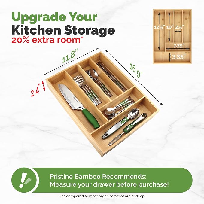 Pristine Bamboo Silverware Organizer, 6-Slot, Small Deep Brown | Small Extra-Deep Wooden Kitchen Drawer Organizer, 6 Slots for Spoons, Forks, Knives – Bamboo Utensil Divider