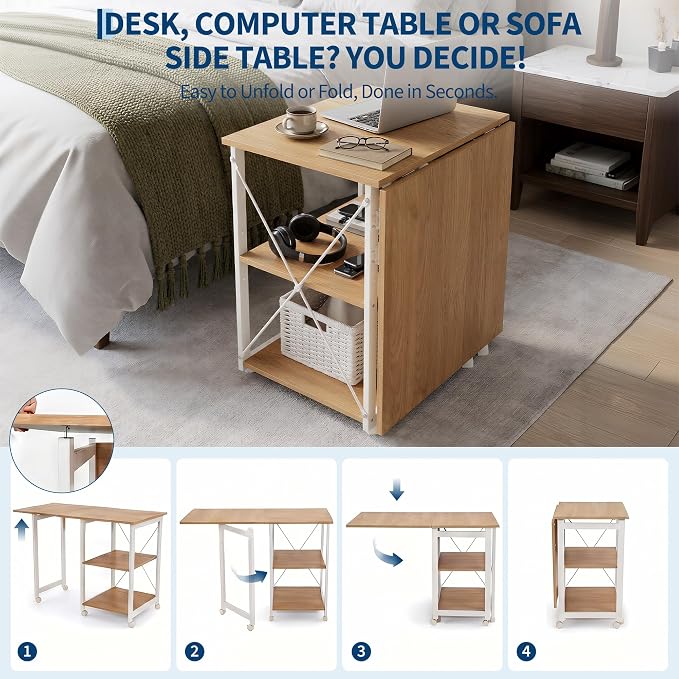Garvee Folding Desk with Wheels, 31.5" Foldable Computer Desk with Storage Shelf, Space Saving Rolling Home Office Desk for Small Spaces, Portable Writing Table with Side Organizer, Oak