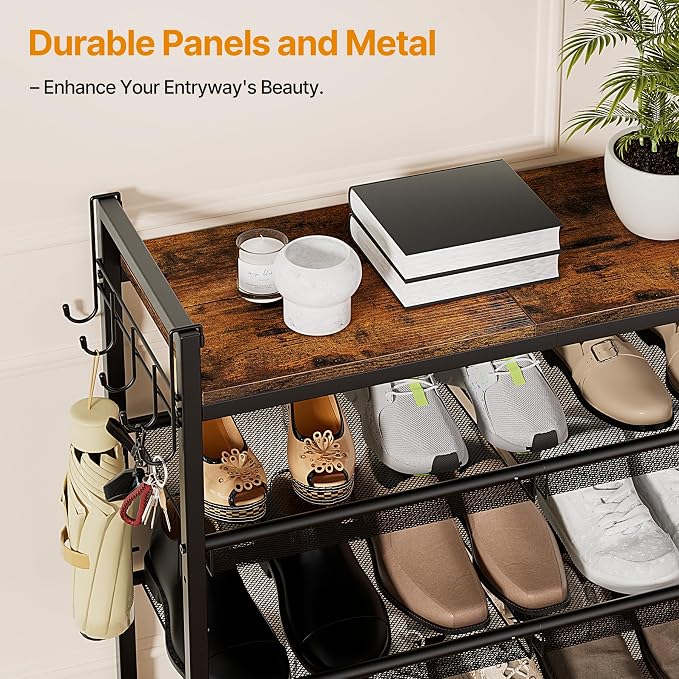 3 Tier Shoe Rack, Shoe Rack for Entryway with Hook, Shoe Organizer with Adjustable Mesh Shelves, Metal Shoe Storage, Closet, Bedroom Living Room Garage