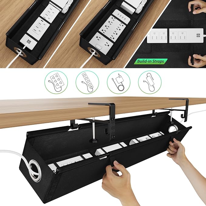 KEEGH Under Desk Cable Management Tray 36", Fabric Clamp/Screw Mount Cord Organizer, No Drill Under Desk Cable Tray for Home, Offices, Studios, Gaming Room (Black)