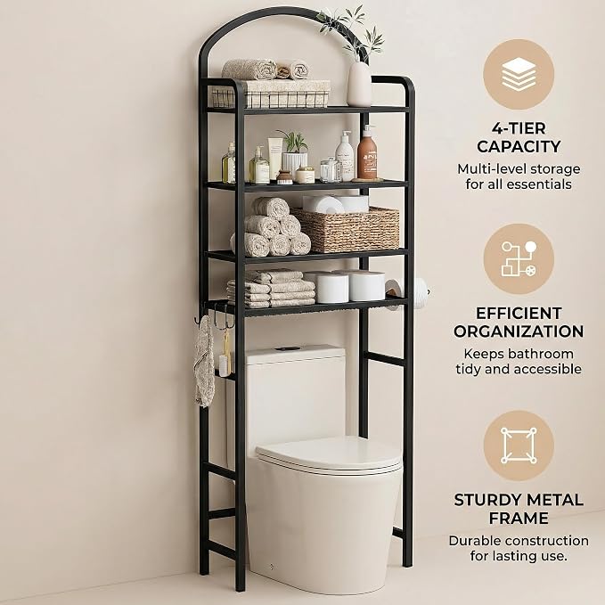 4-Tier Over The Toilet Storage, Bathroom Organizer | Space-Saving, 72"H Above Toilet Storage Rack with 4 Hooks and Paper Holder, Metal Shelf, Black