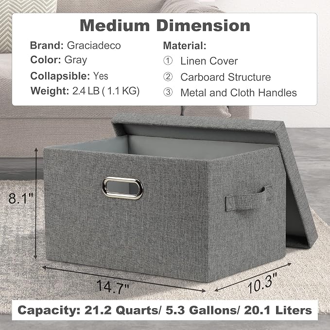 Graciadeco Medium 15" 21 Quart Collapsible Stackable Storage Bins with Lids, 3 Packs Grey Foldable Fabric Closet Boxes Heavy-duty Linen Cube Baskets Container for Bedroom Office (15 x 11 x 8)