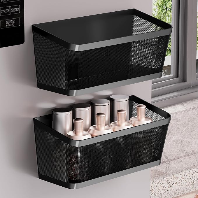 2Pcs Magnetic Spice Rack for Refrigerator, Black Magnetic Shelves | Powerful Magnet Hanging Basket Holder, Magnetic Organizer Shelf for Fridge, For Seasonings Fruit Vegetables Coffee Beans