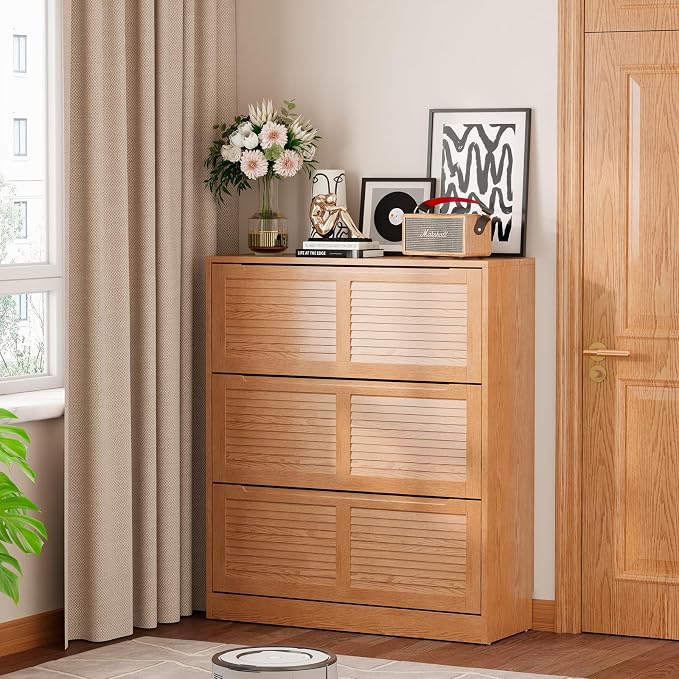 WoodsWhisper Solid Wood Shoe Cabinet for Entryway with 3 Flip Drawers, Narrow Shoe Organizer with Breathable Slatted Doors, Freestanding Hidden Shoe Rack for Hallway(Natural, 39" W)