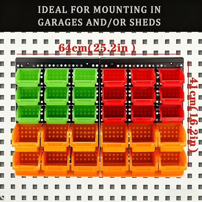 30-Bin Wall Mounted Storage Bins Kit, Tool Organizer Rack, Garage Hardware Organizer, Parts Storage Bins, DIY Combination 4 Set (Red & Green & Orange Type)