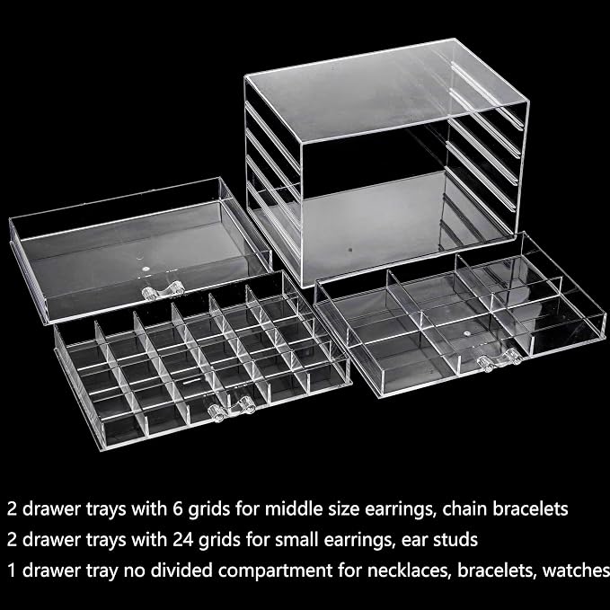 yarlung Acrylic Jewelry Storage Box Earring Holder with 5 Drawers, 61 Grids Jewelry Organizer Tray Clear Ring Display Case for Beads, Nail Tips, Women Girls Gift