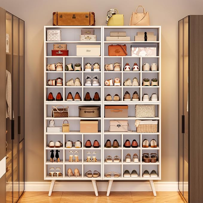 5 Tiers Shoe Storage Cabinet, Stackable Shoe Cubby Wooden Shoe Rack Organizer with 9 Cubbies, 2 Shelves and Legs, 10-15 Pairs, Freestanding Shoe Organizer for Closet, Entryway, Bedroom, White