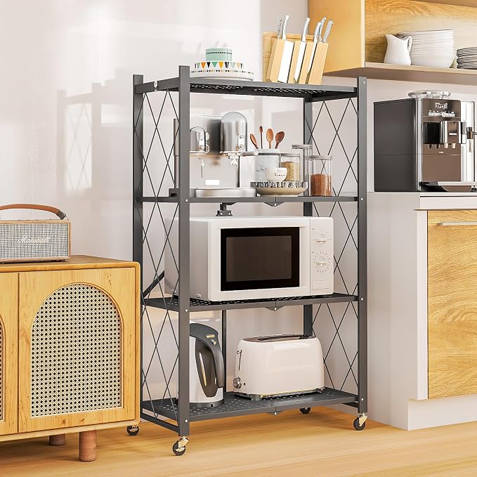 4-Tier Folding Metal Storage Rack - 50" Heavy-Duty Steel Frame with Wheels, No Assembly Utility Organizer, Rolling Shelving Unit for Kitchen, Garage, Pantry, Bedroom (Gray, 4 Tier)