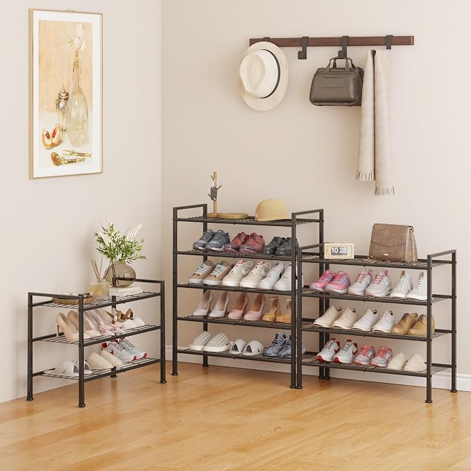 3-Tier Shoe Rack, 26.5" Wide Metal Organizer, Holds 9 Pairs | Storage Organizer for Closet and Entryway,Heavy-Duty Stand for Shoes, Books or Plants, Black