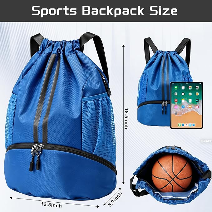Blue Sports Drawstring Backpack with Shoes Compartment, String Gym Bag with Wet Proof Pocket for Basketball, Soccer, Swim, Sport Bag for Men and Women