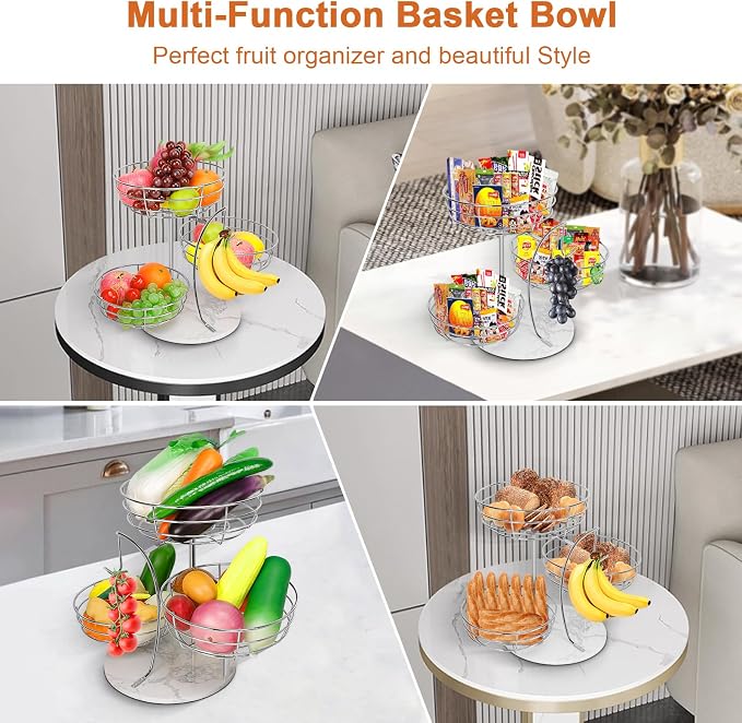 Livabber Fruit Basket Bowl with Banana Hanger, Metal Fruit Vegetable Storage Basket with Banana Holder for Kitchen Counter, Detachable Organizer for Bread Snack Produce (Chrome, 3-Tier Marble Base)
