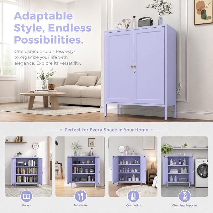 Lockable Metal Storage Cabinet with Adjustable Shelves, Multifunctional Versatile Storage Lockers, Durable Accent Sideboard for Entrance lingving Room Bathroom Purple 36" H X 31.5" W X 13.8" D