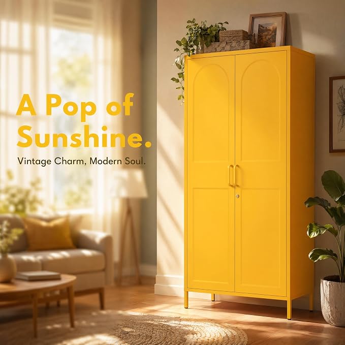 Lockable Metal Wardrobe Closet with Doors, 67" Coat Closet,Metal Storage Cabinet Locker with Removable Hanging Rod And Adjustable Shelves for Home Bedroom Office Yellow Size：67" H X 31.5" W X 18.1" D