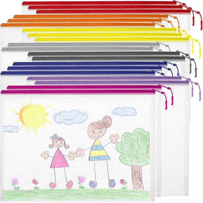 YOPCDJ 20PCS Mesh Zipper Pouch Bags, A4 13x9 Inches Waterproof Mesh Bags with Zipper, Plastic Zipper Pouch for Organizing, Mesh Bag for Travel Storage, 8 Colors Assortment