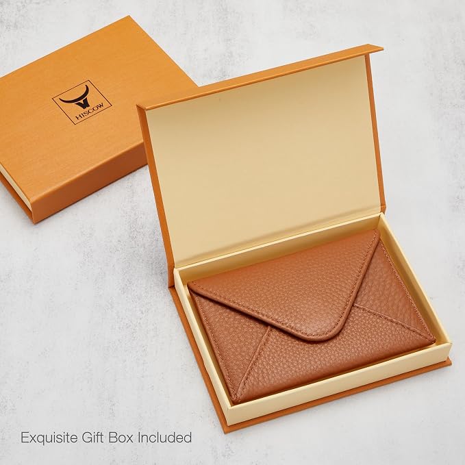 HISCOW Italian Pebbled Leather Business Card Holder, Minimalist Full Grain Envelope Card Case with Hidden Magnetic Closure, 0.19 Inch Slim Front Pocket Wallet for Men and Women, Cognac Brown
