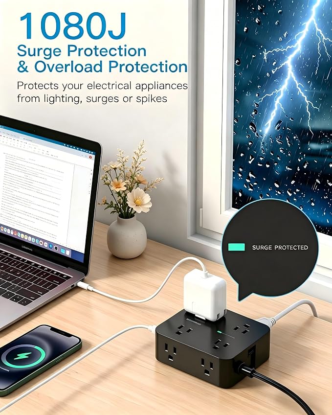 HANYCONY Surge Protector Power Strip 15 Ft, Flat Plug Extension Cord with 8 Outlets and 4 USB Ports(2 USB C), Wall Mount Outlet Extender Charging Station for Home Office Desk Essentials, Black