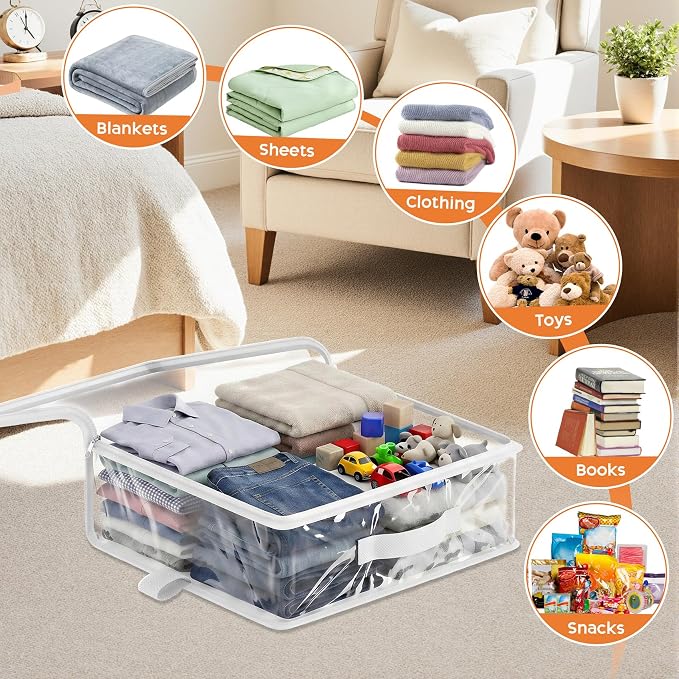 5 Pack Clear Storage Bags with Zipper Handles, Sheet Organizers and Storage | PVC Blanket Storage Bags, Foldable Under Bed Organizer for Baby Clothes Shoes Sweater Toy Bedding Sheet, 15.7x13.8x3.9’’