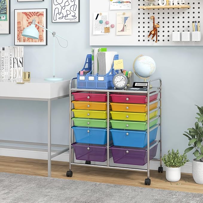 BECOMFORT 12-Drawer Rolling Cart with Drawers, Storage Cart on Wheels, Teacher Classroom Organizers with Metal Frame, Mobile Craft Cart, Trolley Utility Cart for School Office Play Room